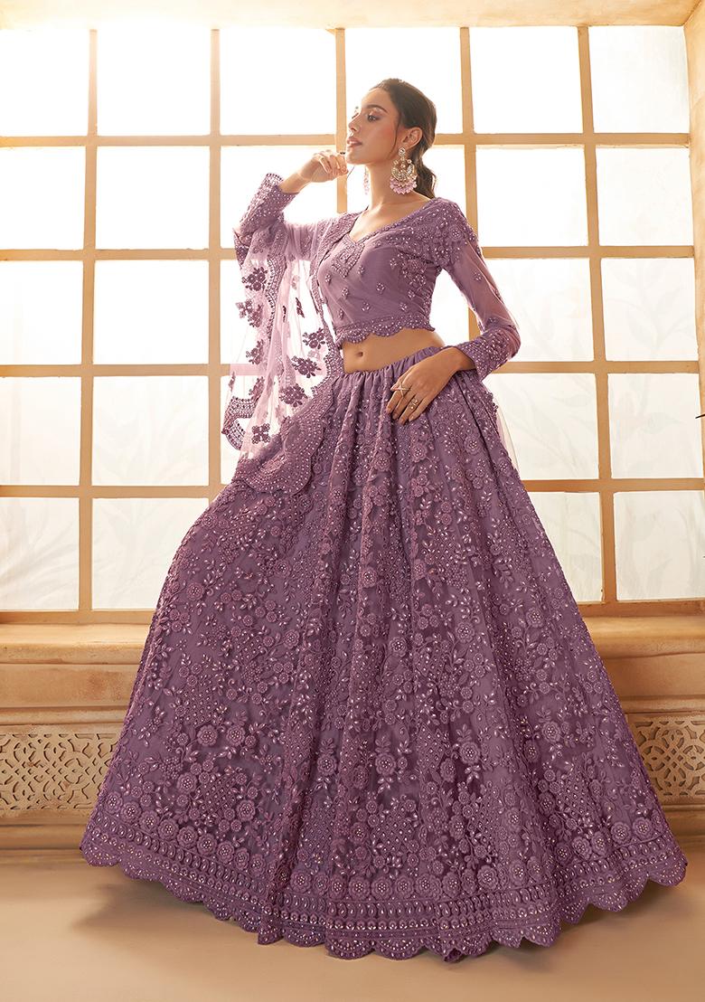 Purple Embroidered Net Lehenga Set