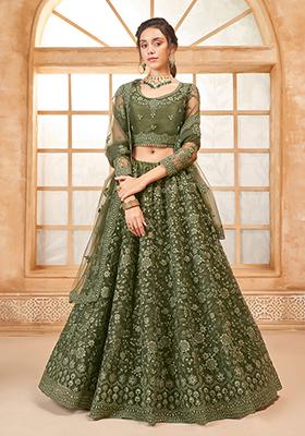 Olive Embroidered Net Lehenga Set