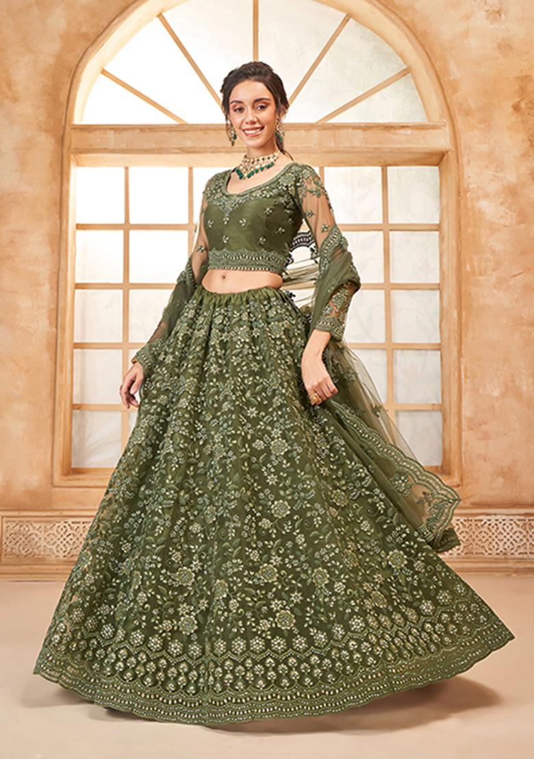 Olive Embroidered Net Lehenga Set