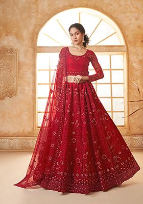Red Embroidered Net Lehenga Set