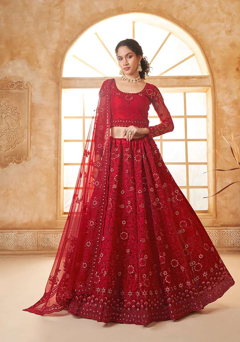 Red Embroidered Net Lehenga Set - Indya