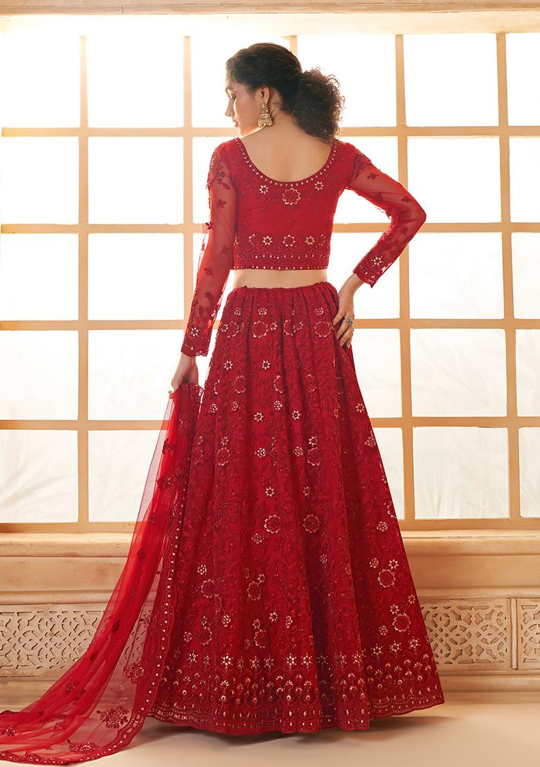 Red Embroidered Net Lehenga Set