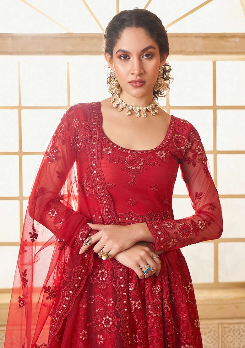 Red Embroidered Net Lehenga Set - Indya