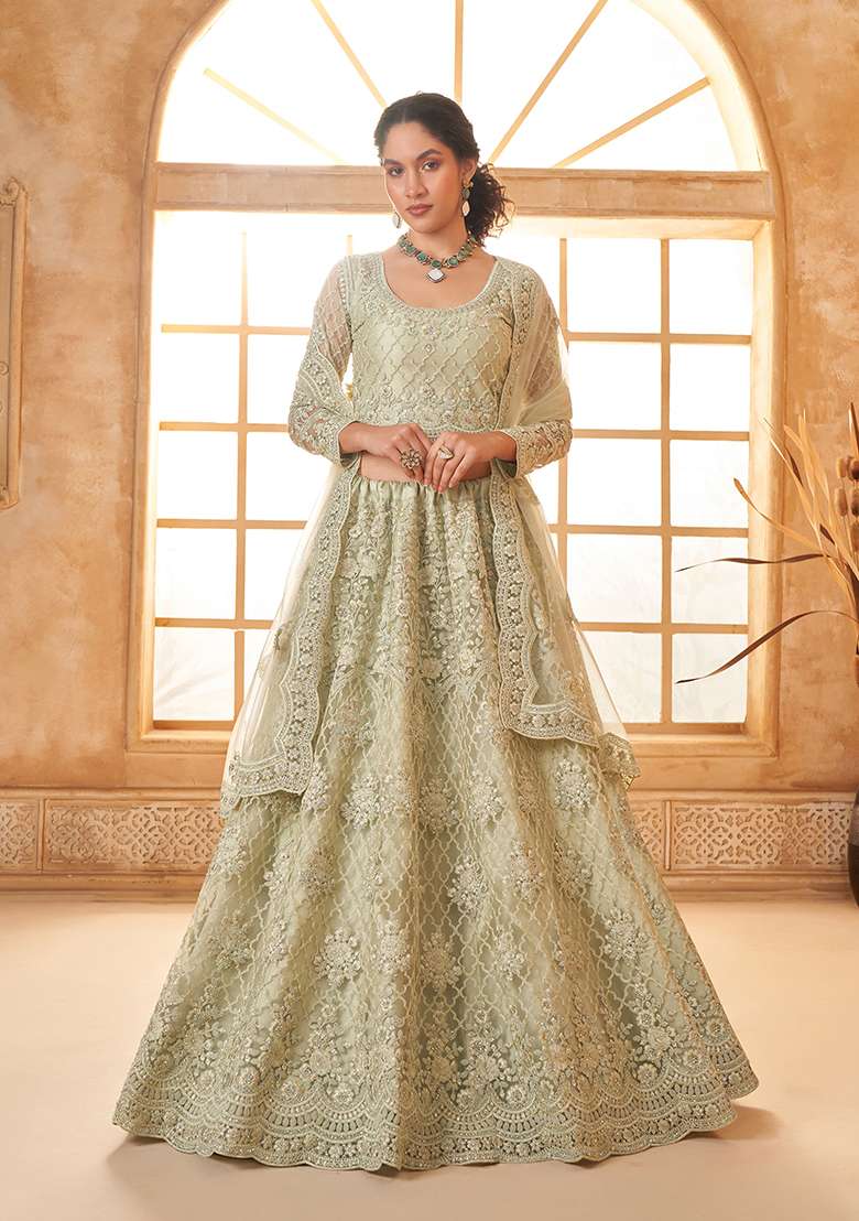 Light Green Embroidered Net Lehenga Set - Indya