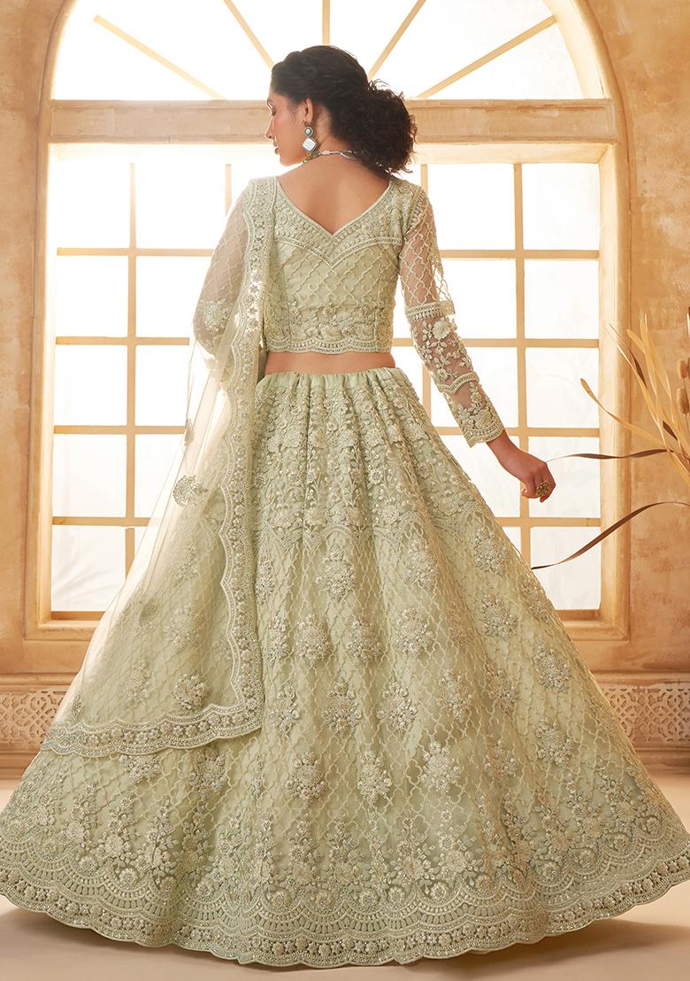 Light Green Embroidered Net Lehenga Set