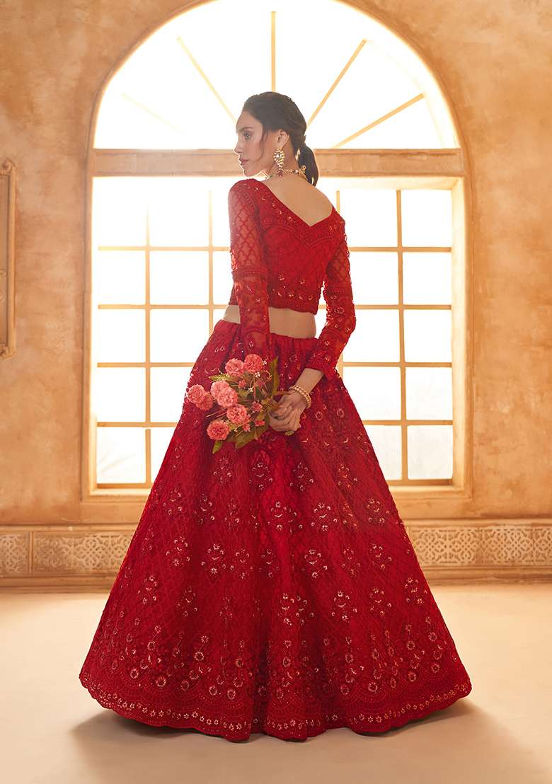 Red Embroidered Net Lehenga Set - Indya