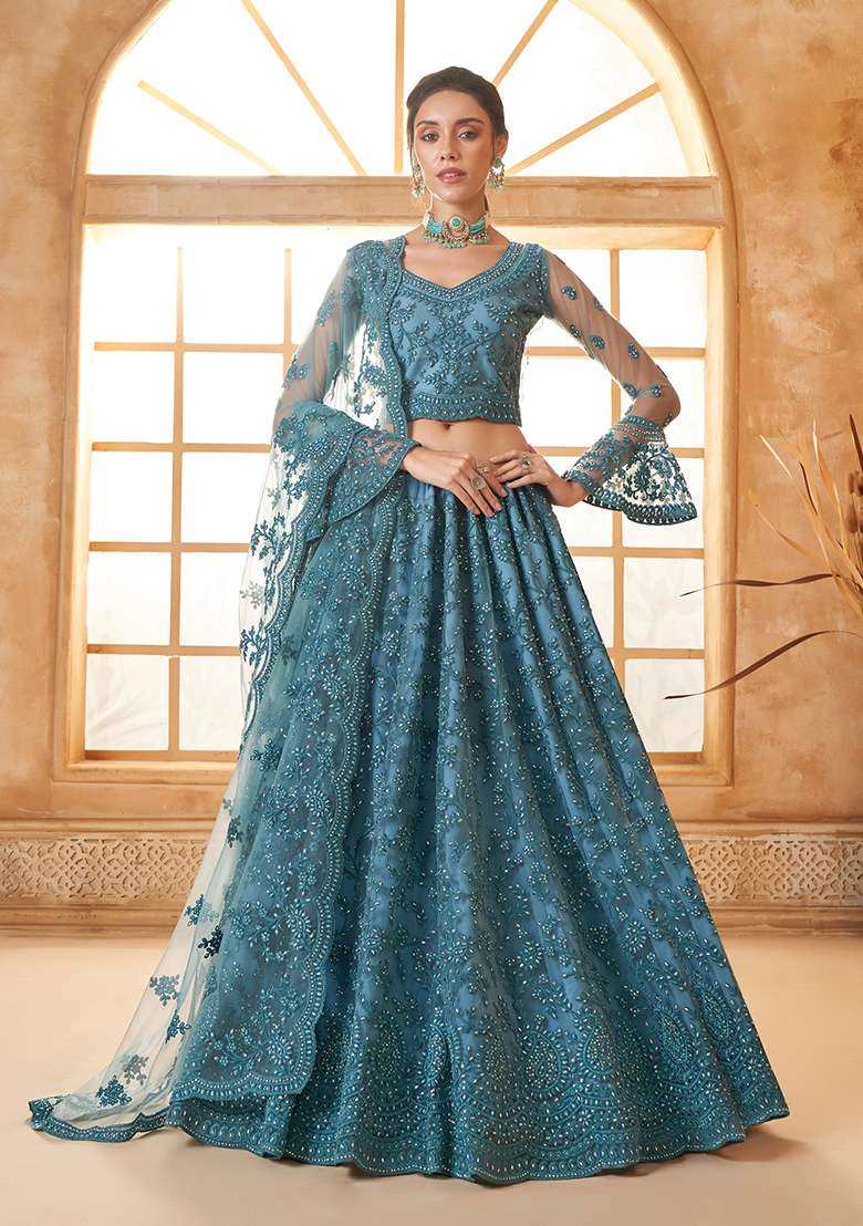 Light Blue Embroidered Net Lehenga Set - Indya
