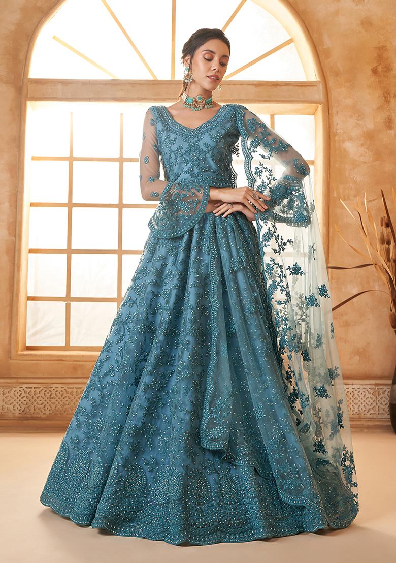 Light Blue Embroidered Net Lehenga Set
