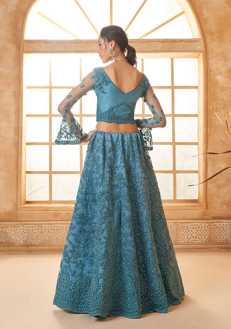 Light Blue Embroidered Net Lehenga Set - Indya