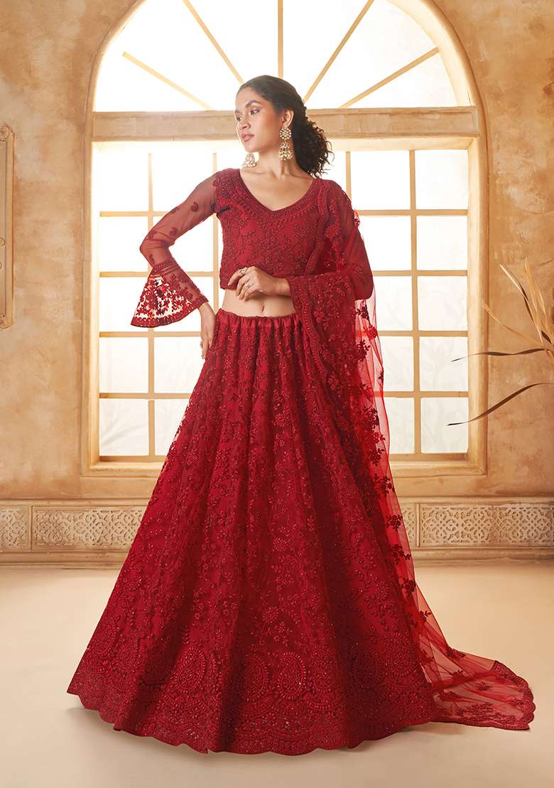 Red Embroidered Net Lehenga Set - Indya