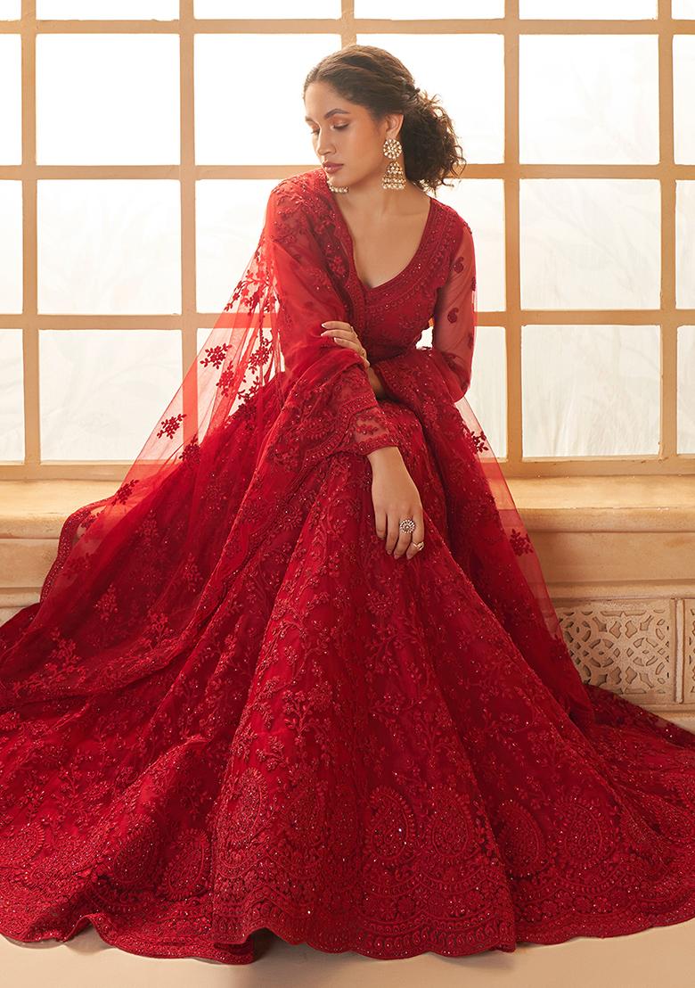 Red Embroidered Net Lehenga Set
