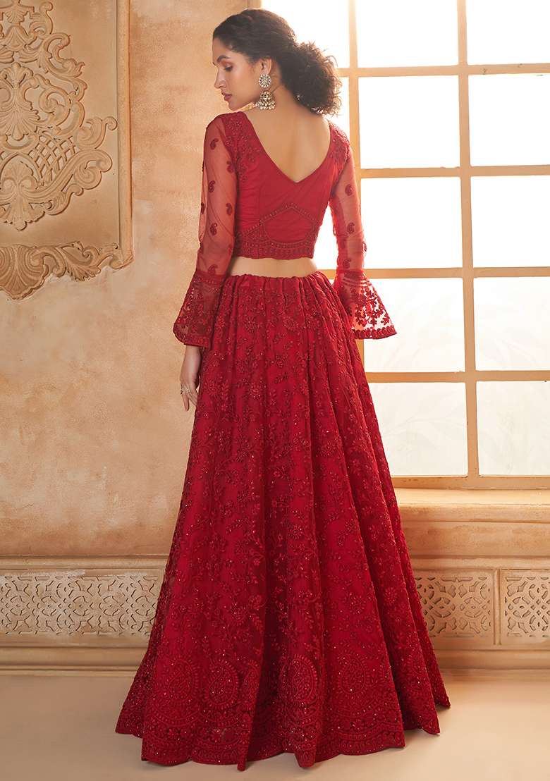 Red Embroidered Net Lehenga Set - Indya