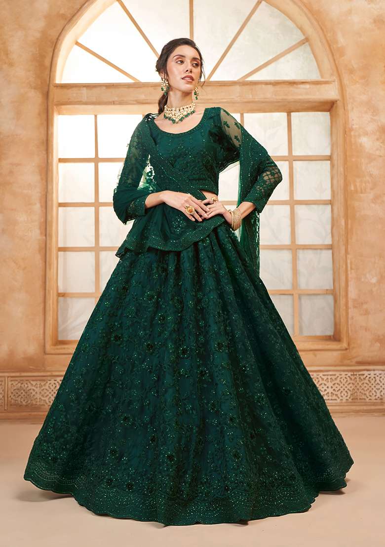 Dark Green Embroidered Net Lehenga Set - Indya
