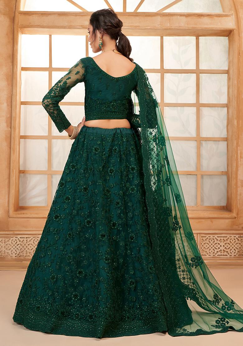 Dark Green Embroidered Net Lehenga Set