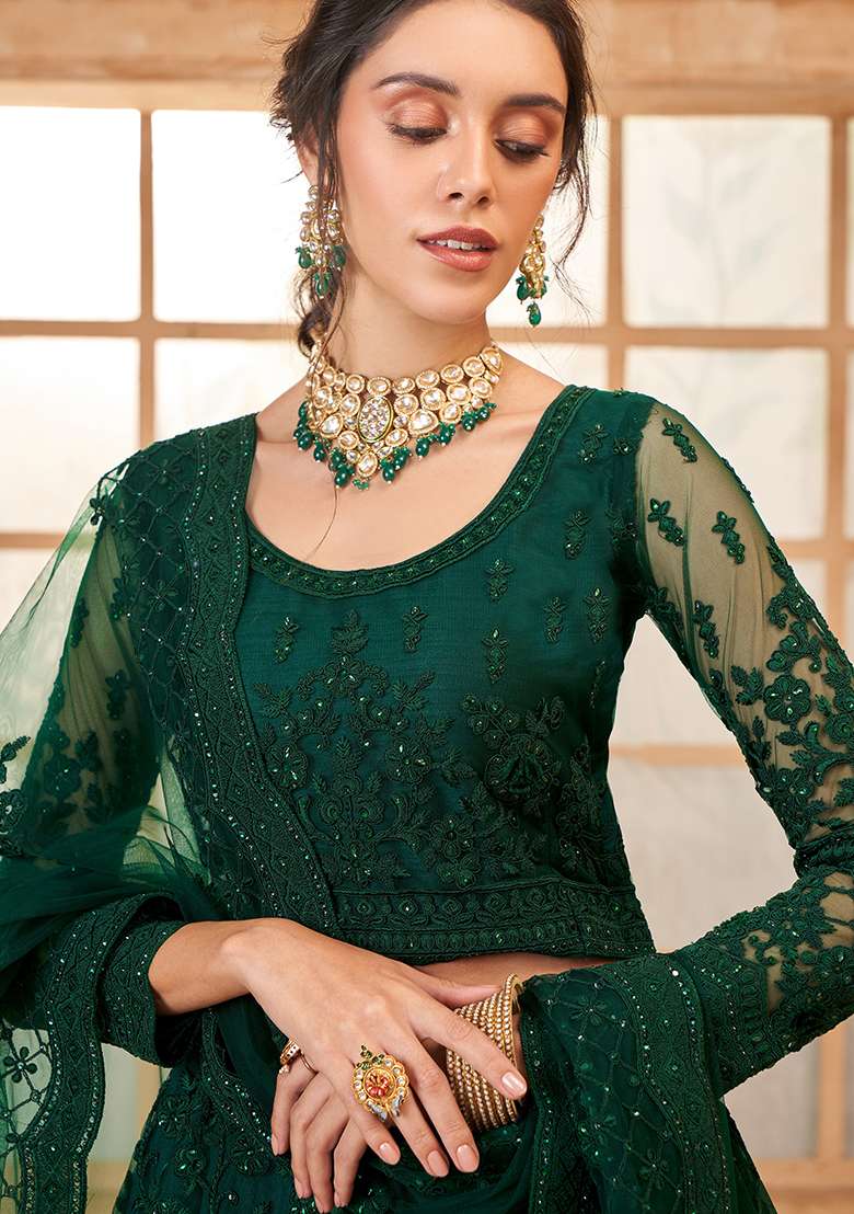 Dark Green Embroidered Net Lehenga Set - Indya