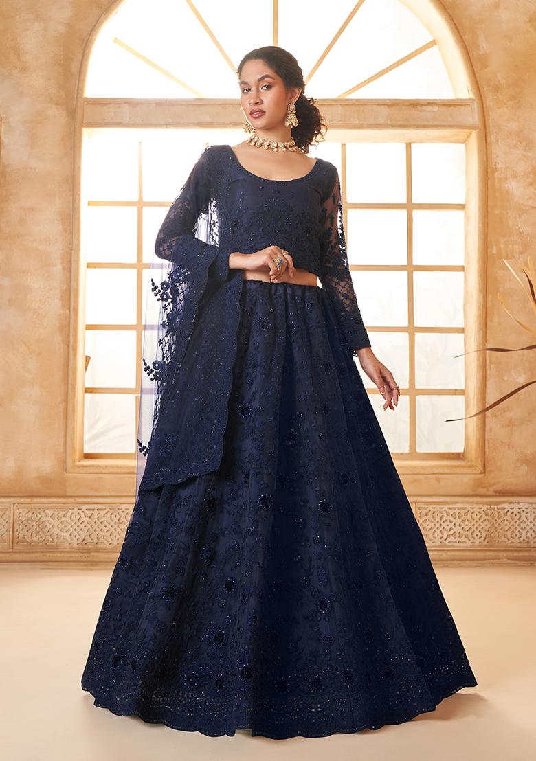 Dark Blue Embroidered Net Lehenga Set