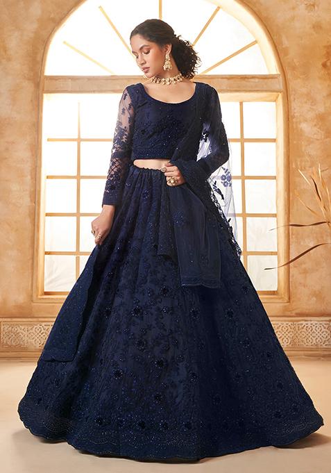 Dark Blue Embroidered Net Lehenga Set