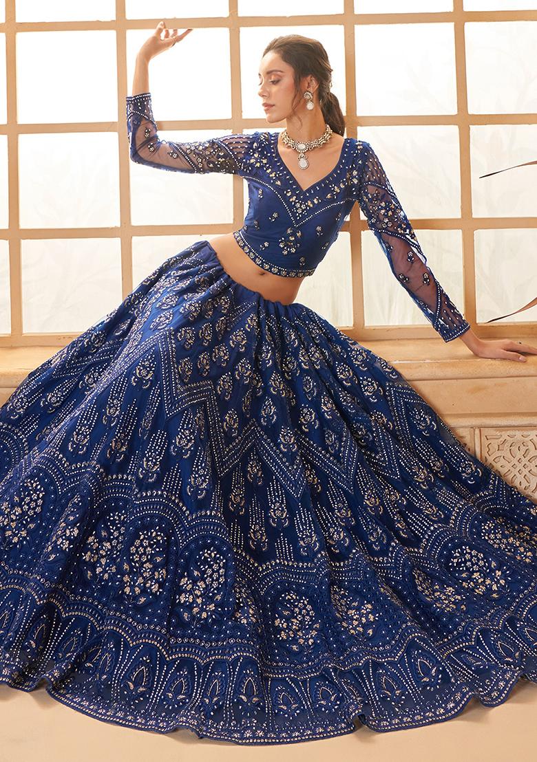 Royal Blue Embroidered Net Lehenga Set