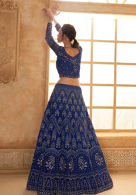 Royal Blue Embroidered Net Lehenga Set