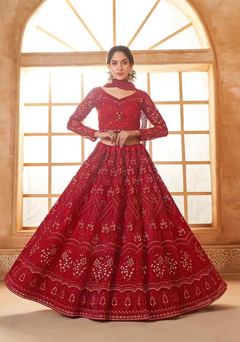 Dark Red Embroidered Net Lehenga Set