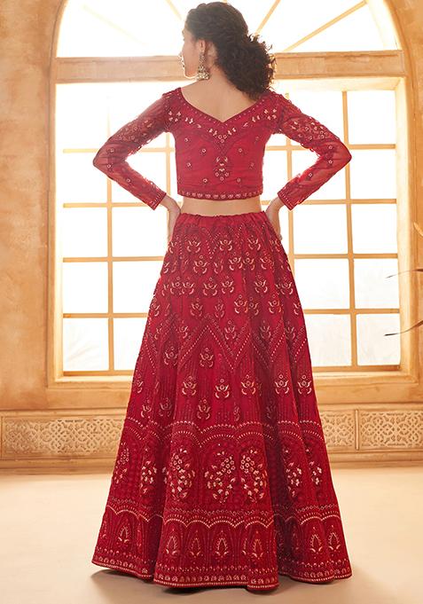 Dark Red Embroidered Net Lehenga Set