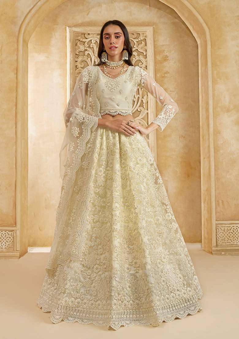 Off White Embroidered Net Lehenga Set - Indya
