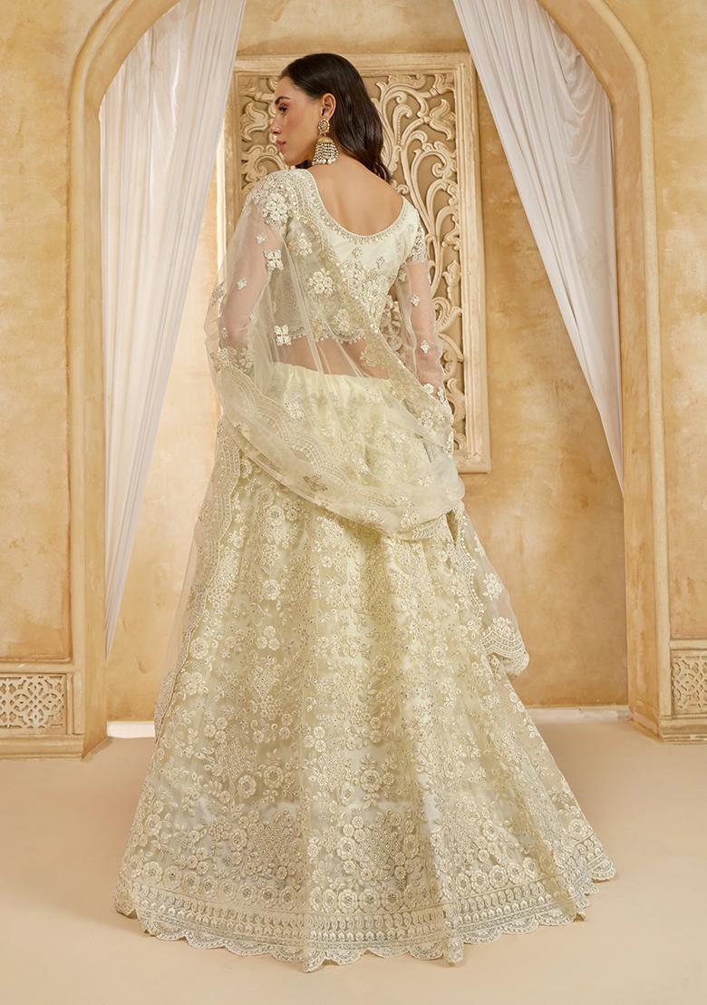 Off White Embroidered Net Lehenga Set