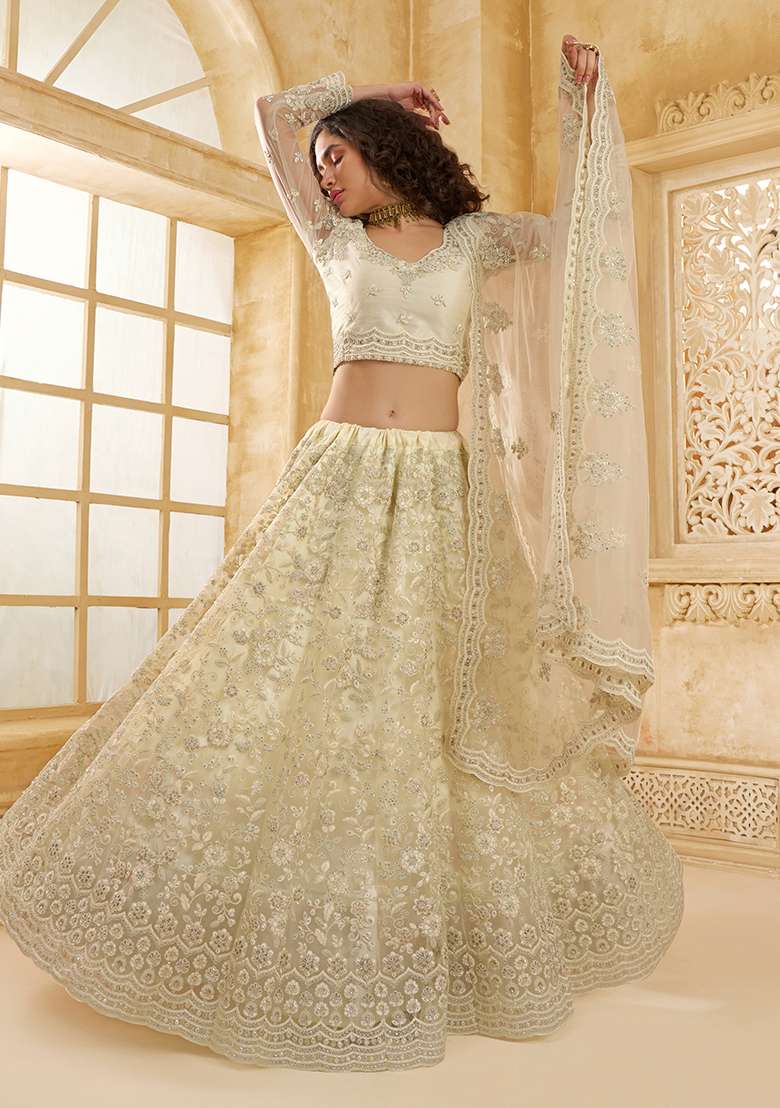 Off White Embroidered Net Lehenga Set - Indya