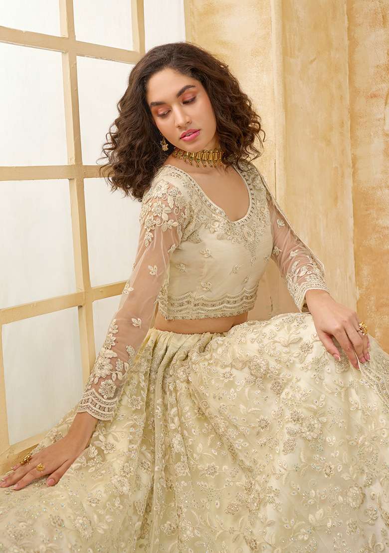 Off White Embroidered Net Lehenga Set - Indya