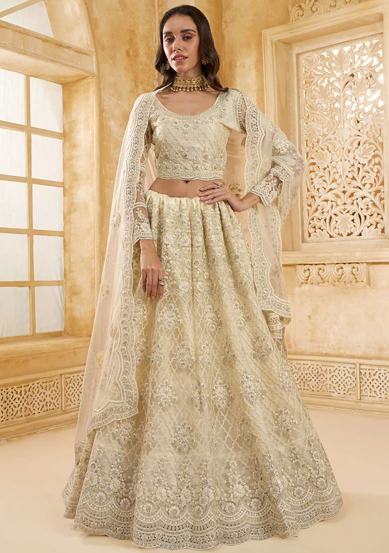 Off White Embroidered Net Lehenga Set - Indya