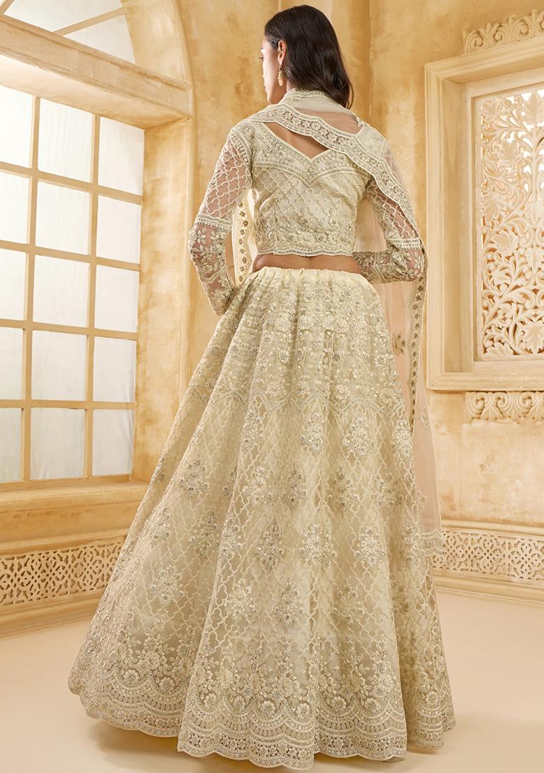Off White Embroidered Net Lehenga Set