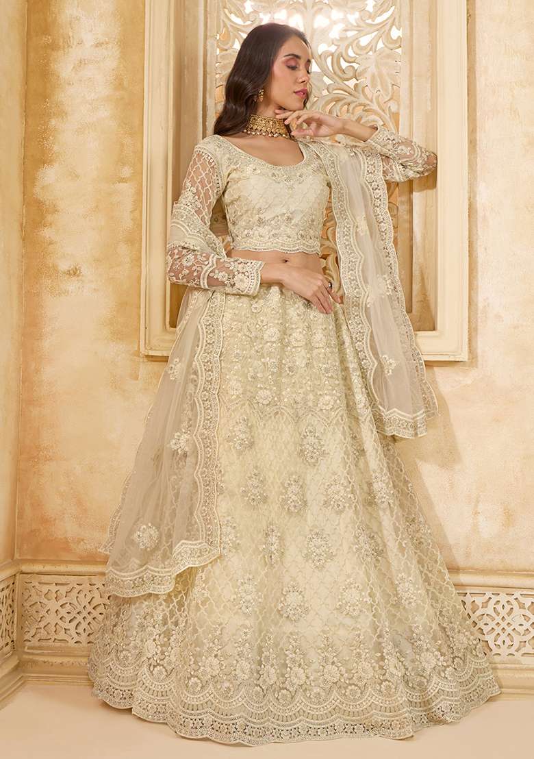 Off White Embroidered Net Lehenga Set - Indya