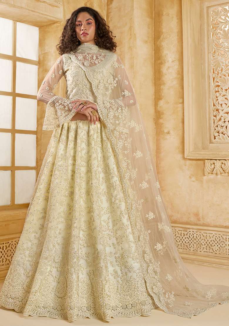 Off White Embroidered Net Lehenga Set - Indya