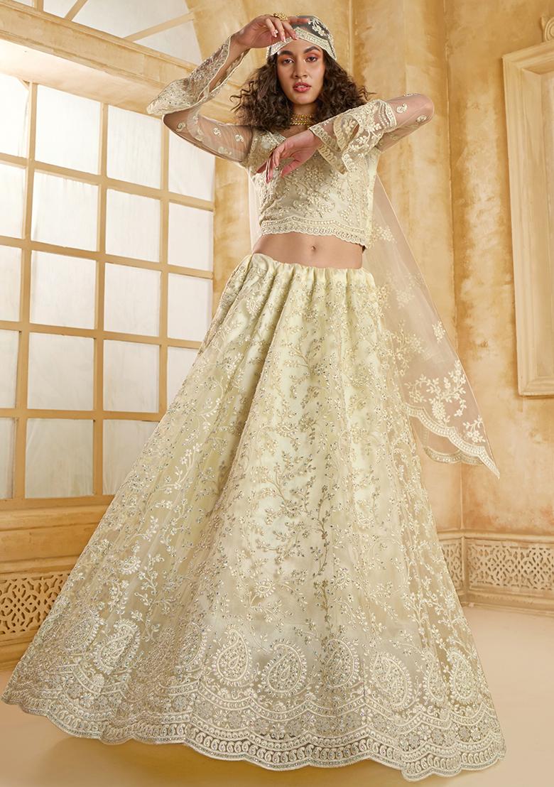 Off White Embroidered Net Lehenga Set