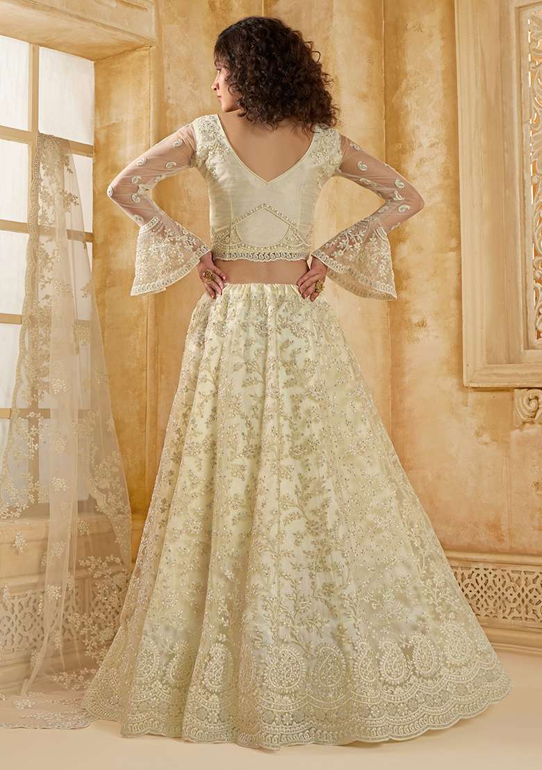 Off White Embroidered Net Lehenga Set - Indya