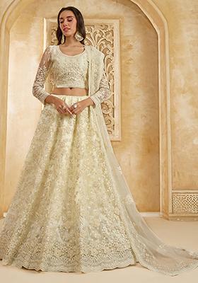 Off White Embroidered Net Lehenga Set