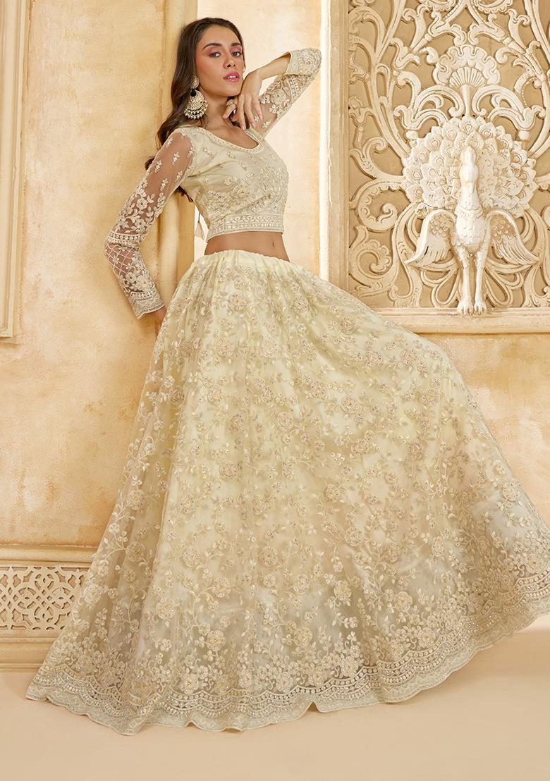 Off White Embroidered Net Lehenga Set