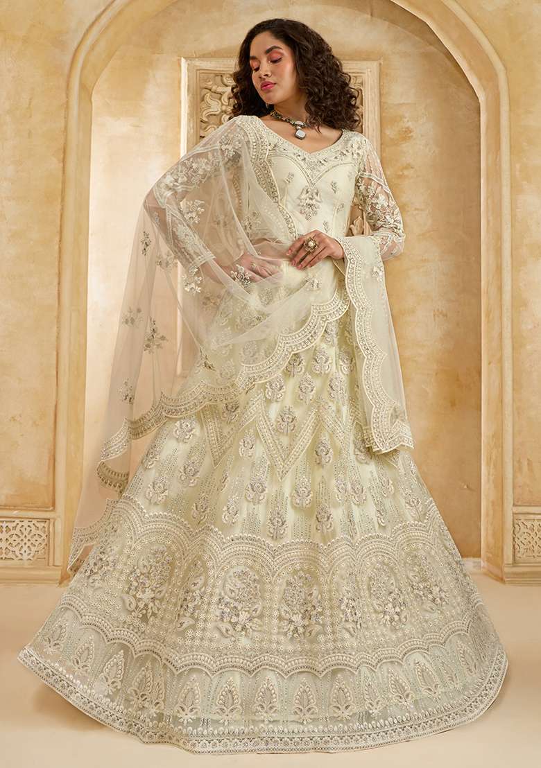 Off White Embroidered Net Lehenga Set - Indya