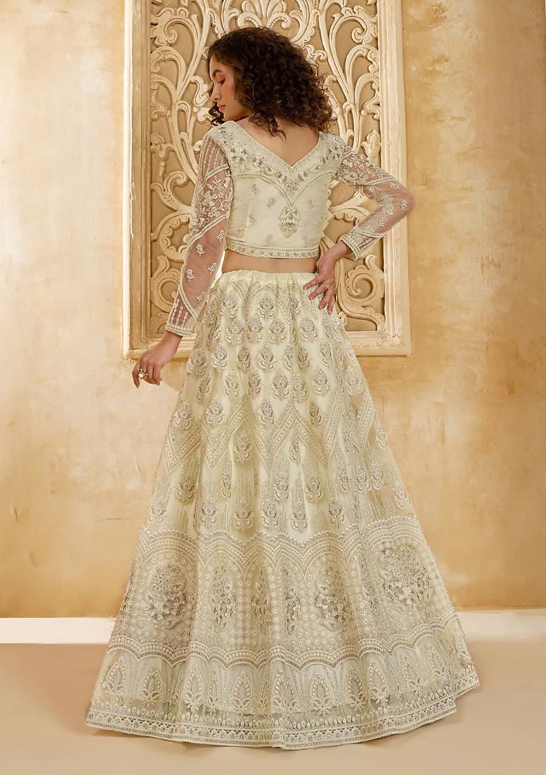 Off White Embroidered Net Lehenga Set