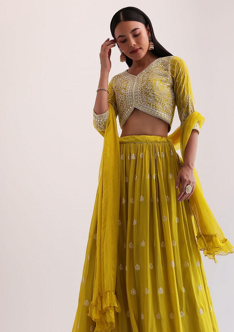 Yellow Sequin Thread Embroidered Georgette Lehenga Set