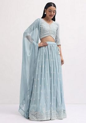 Blue Sequin Thread Embroidered Georgette Lehenga Set