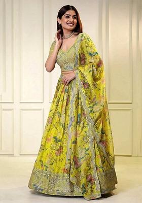 Lime Yellow Digital Floral Print Organza Lehenga Set