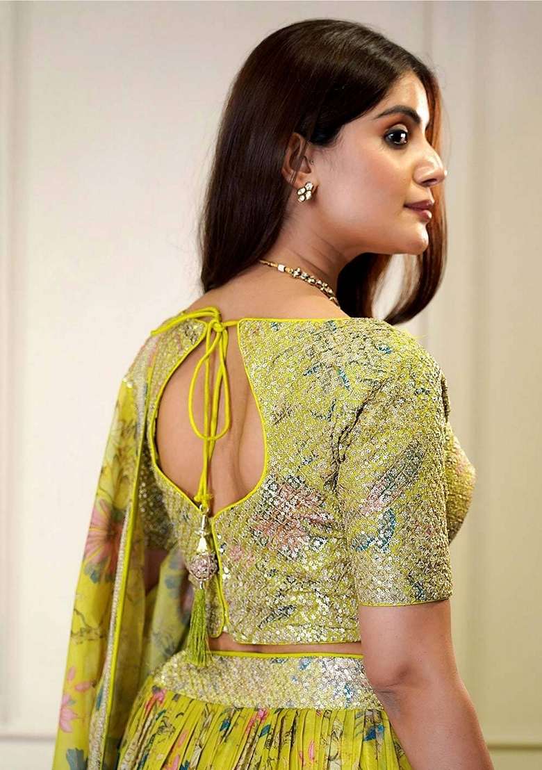 Lime Yellow Digital Organza Lehenga Set with Floral Print for Diwali | Wedding & Festive Wear - Indya