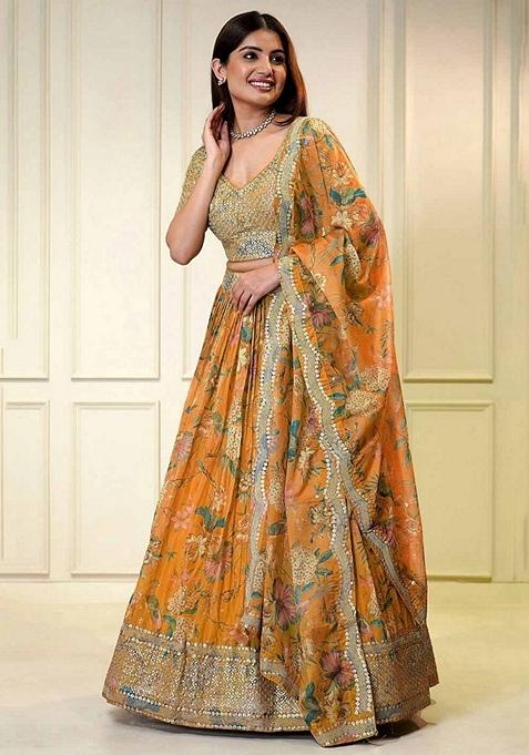 Orange Digital Floral Print Organza Lehenga Set