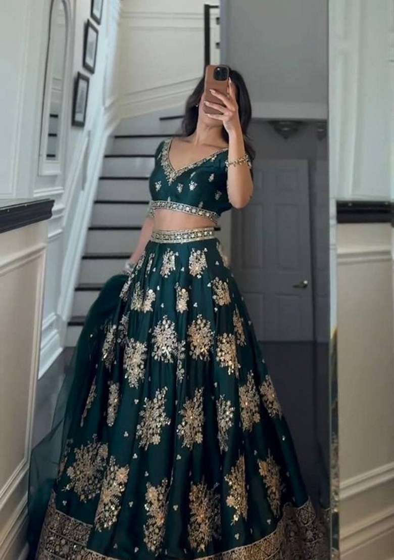 Green Sequin Thread Embroidered Satin Silk Blend Lehenga Set for Diwali and Festive Wear - Indya