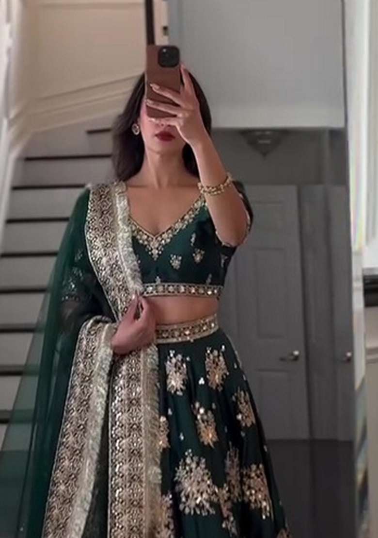 Green Sequin Thread Embroidered Satin Silk Blend Lehenga Set for Diwali and Festive Wear - Indya
