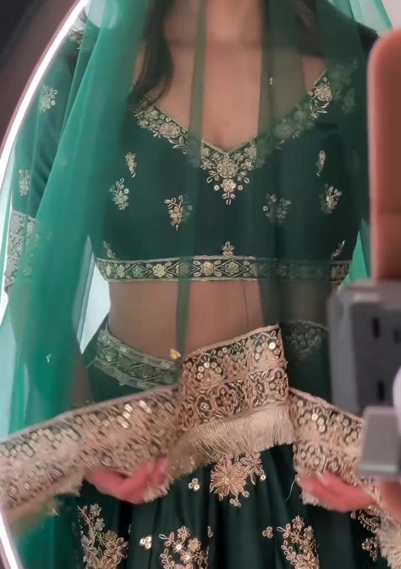 Green Sequin Thread Embroidered Satin Silk Lehenga Set