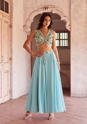 Sky Blue Thread Embroidered Georgette Lehenga Set