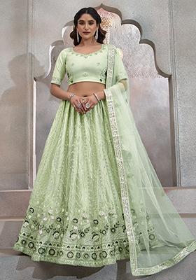 Light Green Sequin Thread Embroidered Net Lehenga Set