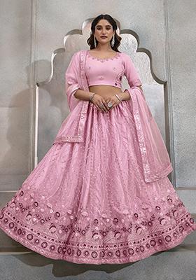 Pink Sequin Thread Embroidered Net Lehenga Set